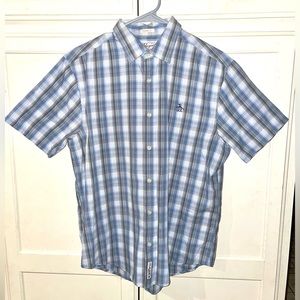 Original Penguin Men’s Short Sleeve Button Up Shirt Plaid Gray White Blue Medium
